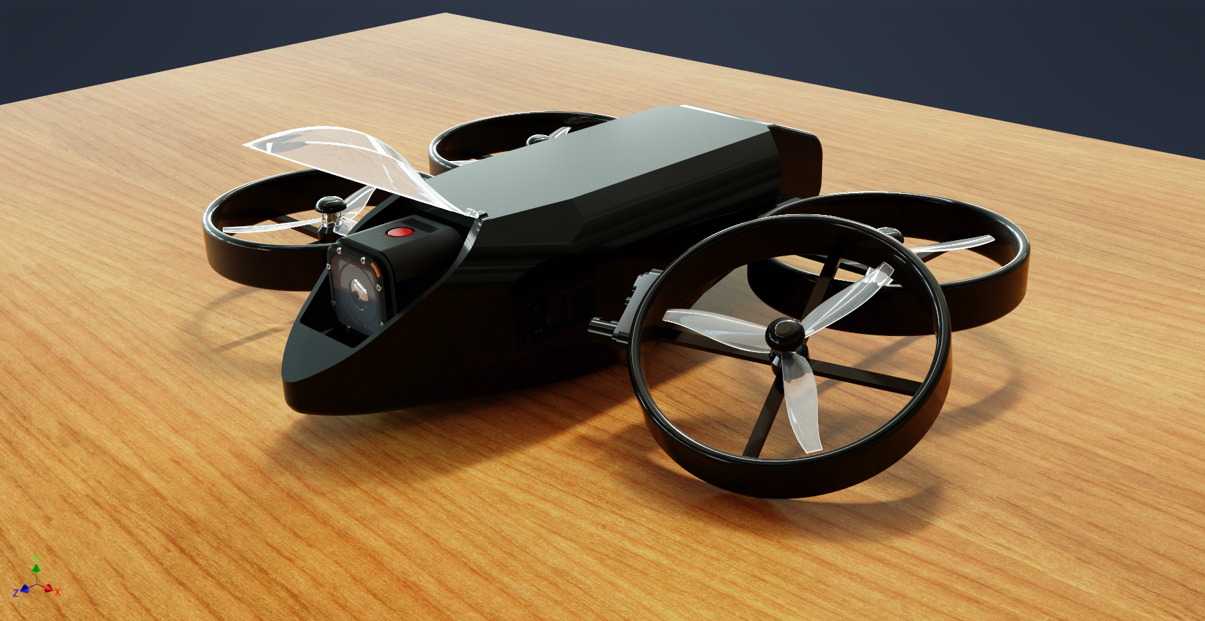 Full view of the Airohh drone placed on a wooden surface.